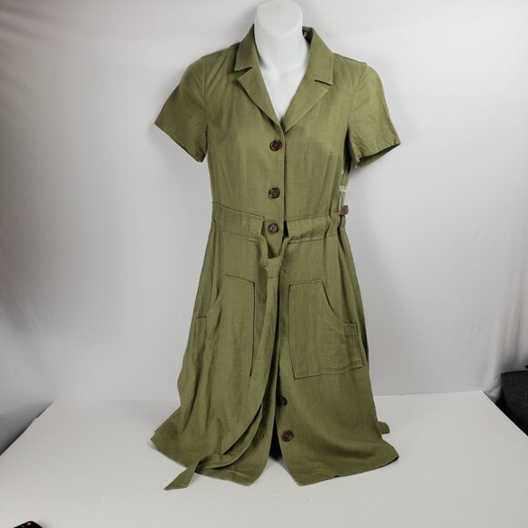 ModCloth XXS Dress Olive Green Linen Pockets Button Shirt Belt Tie Khaki NWT - Picture 1 of 15